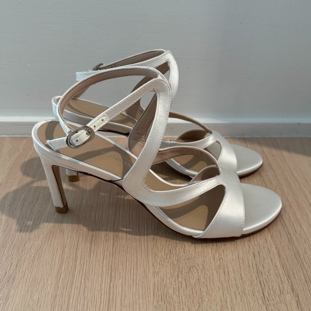 NEW Stuart Weitzman Mariposa Ankle Strap Sandal Satin White Wedding 5.5